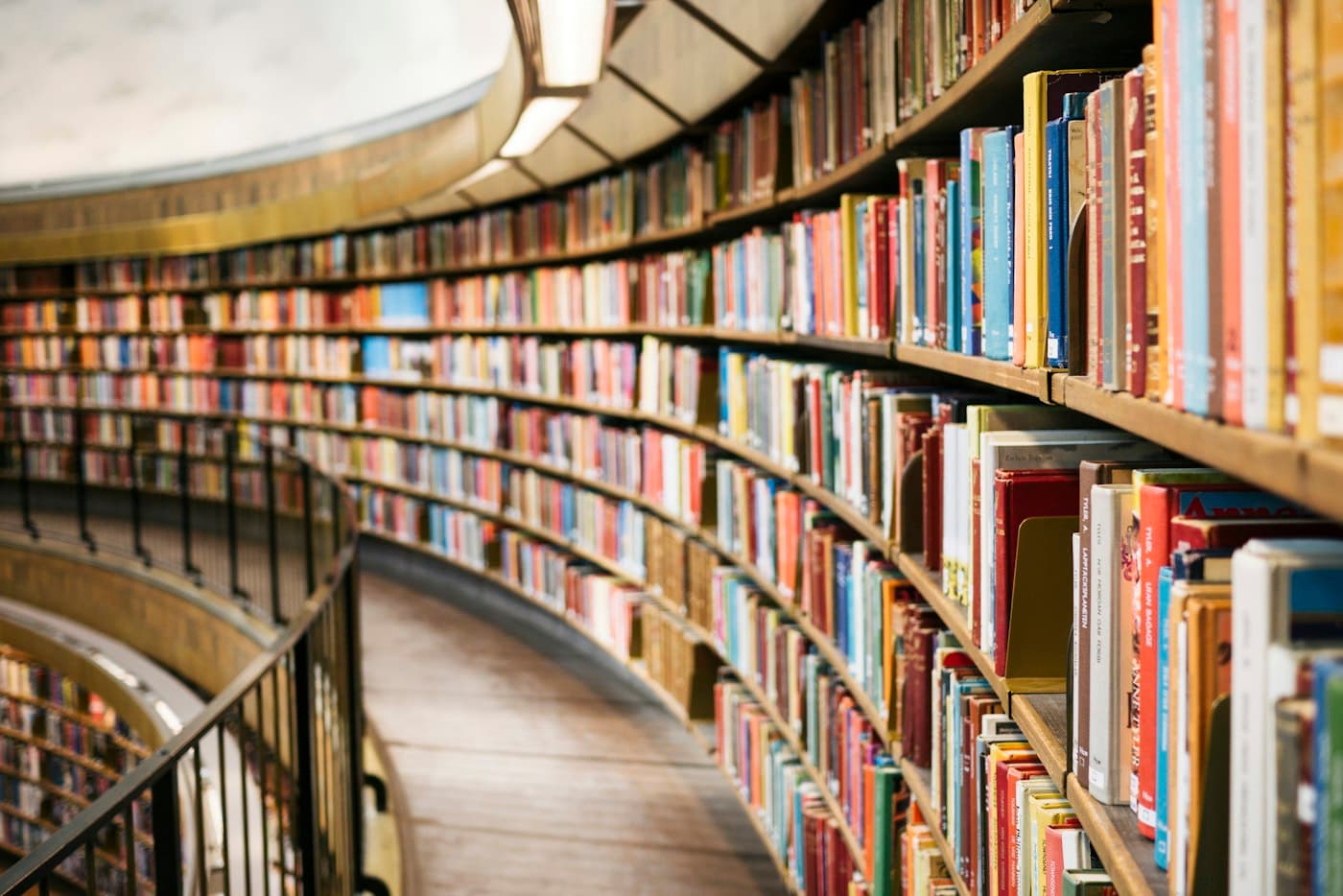 Curved library shelves in a school building